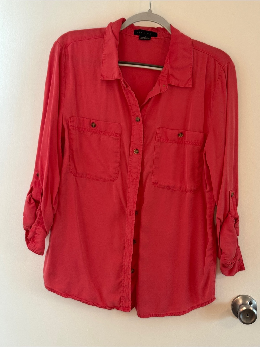 Sanctuary Coral Red Button-Down convertible Sleeve Utility Shirt lyocell size md